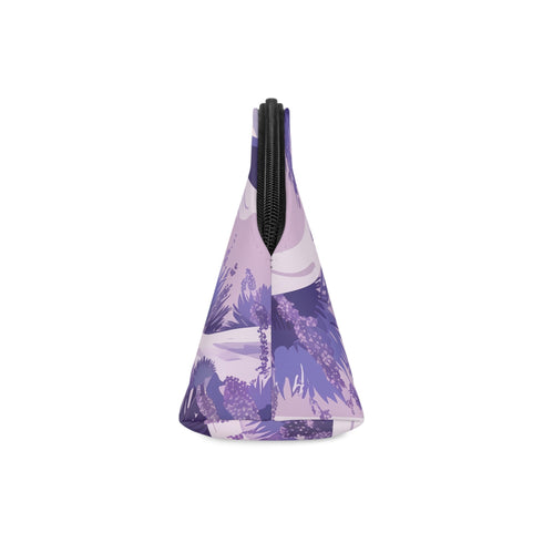 Lavender patterned travel makeup bag with zipper closure.