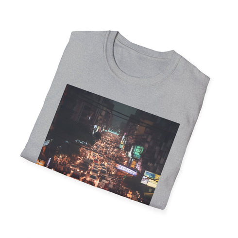 Charcoal cotton crew neck T-shirt with vibrant neon cityscape design