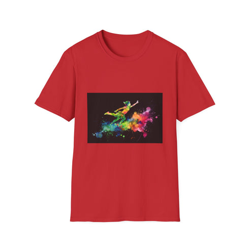 Neon watercolor Peter Pan design on charcoal cotton crew neck T-shirt