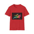 Neon watercolor Peter Pan design on charcoal cotton crew neck T-shirt