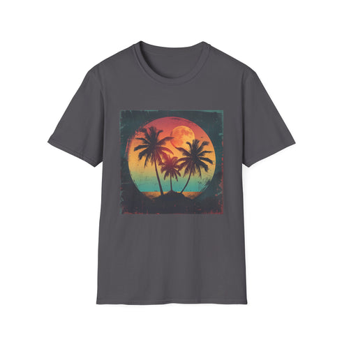 Palm Paradise Retro Sunset Escape Tshirt in Charcoal for Men.