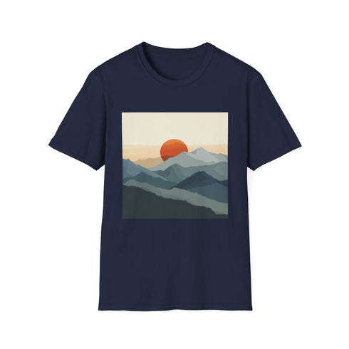 Minimalist sunrise mountain range graphic charcoal t-shirt, soft and breathable fabric.