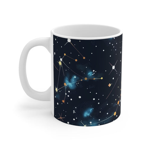 Celestial patterned ceramic coffee mug for stargazers and dreamers.