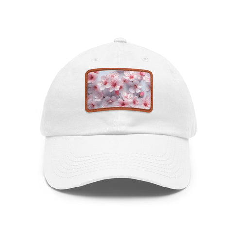 Cherry blossom print white baseball hat for casual style or outdoor adventures.