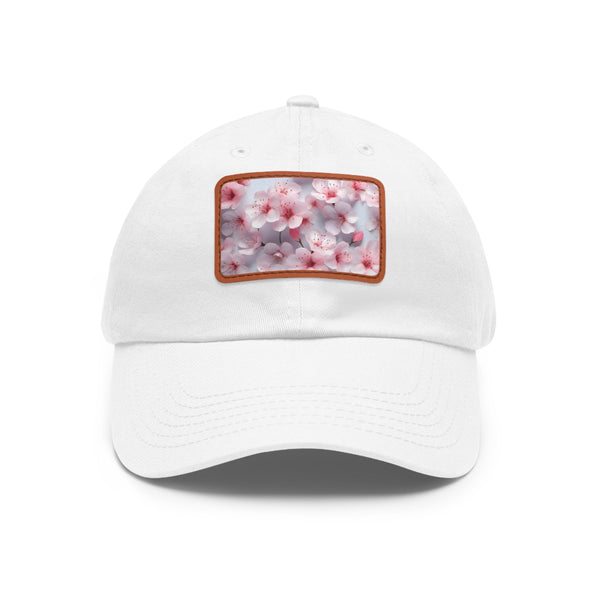 White baseball cap with cherry blossom pattern and 3D effect.