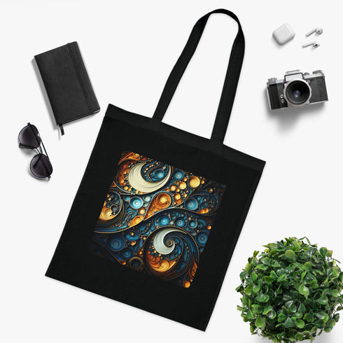 Fractal Dimensions Black Cotton Tote Bag with mesmerizing fractal pattern.