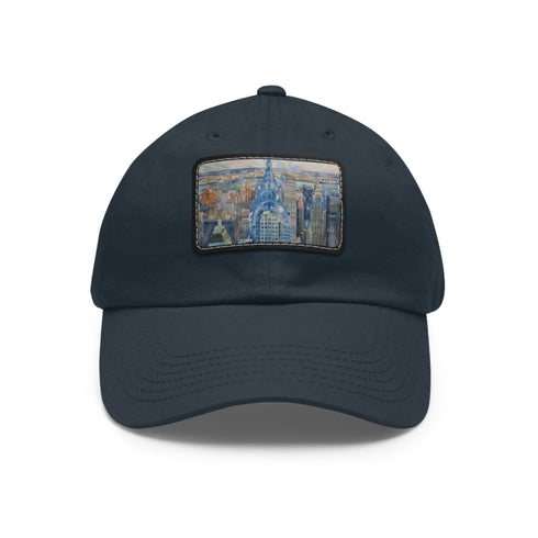 White cotton baseball cap with watercolor Chrysler Building design.