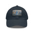 White cotton baseball cap with watercolor Chrysler Building design.