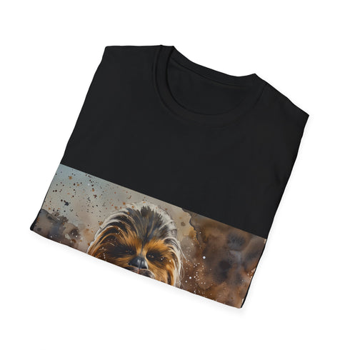 Chewbacca watercolor tee in charcoal, crew neck, cotton, Star Wars-inspired.