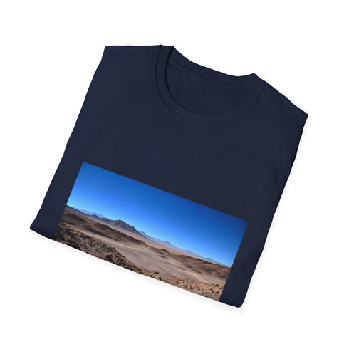 Charcoal cotton T-shirt with vibrant Atacama Desert landscape design