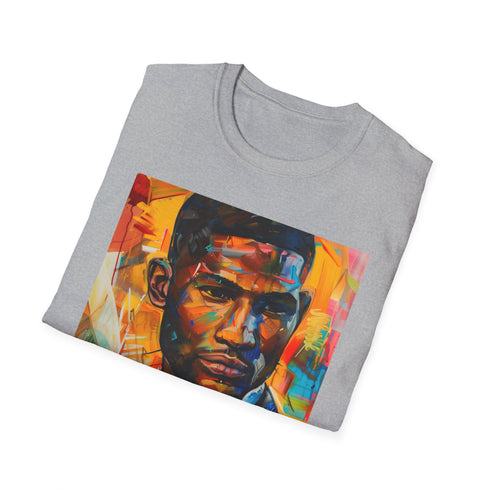 Dynamic charcoal cotton crew neck Usher portrait T-shirt for men and women.