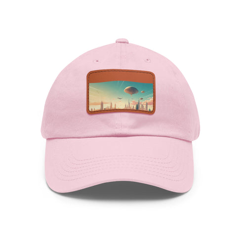 Urban skyline white cotton hat with futuristic flying city design.