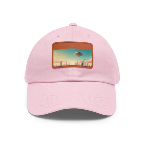 Futuristic white cotton baseball cap with urban skyline design.