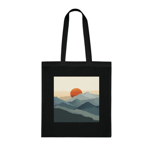 Golden Hour Peaks Tote Bag, Black Cotton Mountain Design Tote.