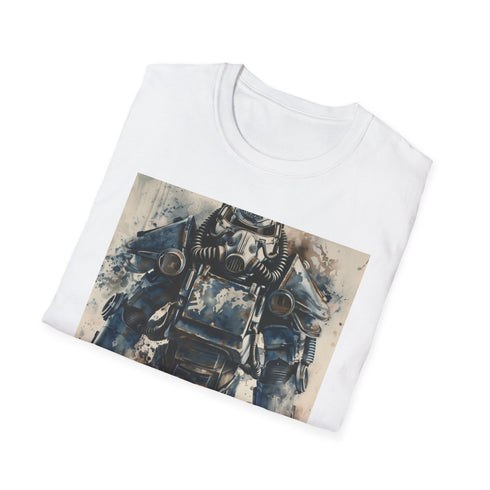Charcoal cotton Fallout Warrior T-Shirt featuring watercolor Power Armor illustration
