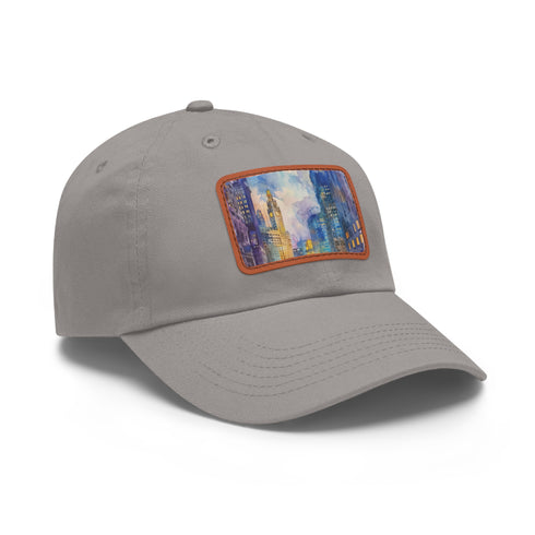 Chicago skyline watercolor baseball cap with white/ light brown rectangle patch.