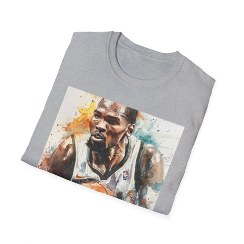 Charcoal t-shirt with vivid watercolor Kevin Durant basketball portrait