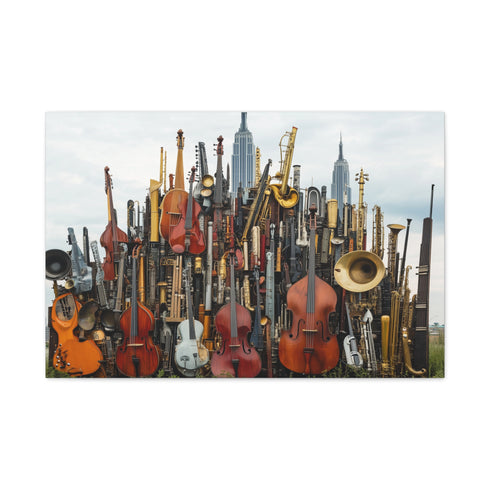 City Skyline Made of Musical Instruments Stretched Canvas Wall Art