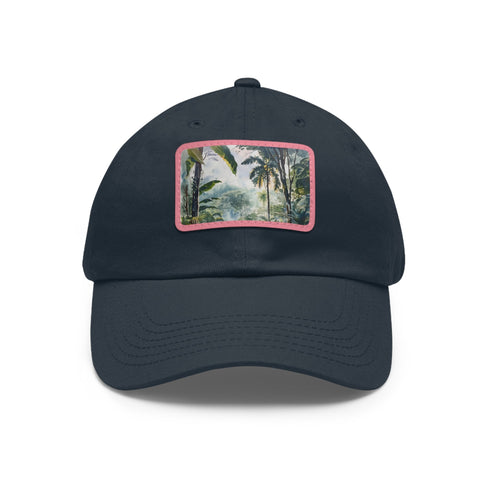 White cotton baseball cap with Congo rainforest watercolor patch.