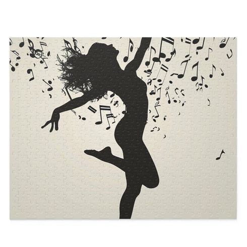 Graceful dancer silhouette jigsaw puzzle with musical notes, fall game.