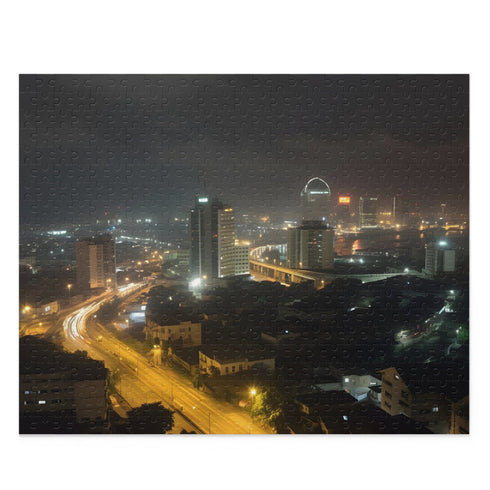 Lagos Night Skyline Puzzle with vibrant city lights and iconic landmarks.