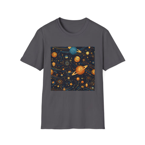 Charcoal cotton T-shirt with colorful cosmic star pattern and regular fit