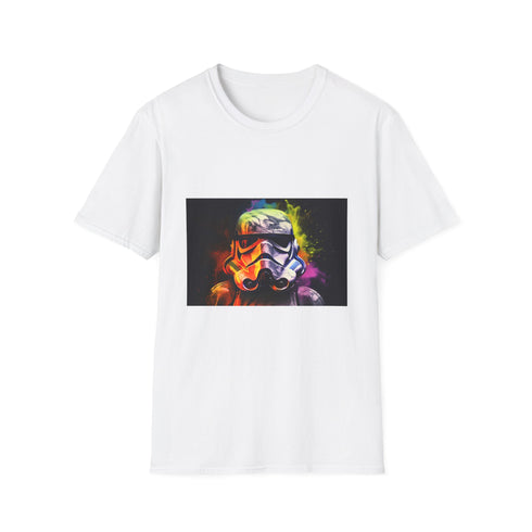 Neon Stormtrooper art on charcoal cotton crew neck T-shirt