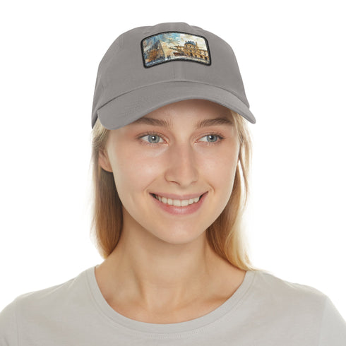 Louvre Paris Watercolor Baseball Cap in White with Light Brown Patch