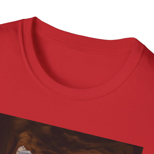 Charcoal cotton crew neck T-shirt with Petra-inspired desert sunset design