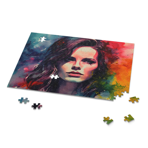 Kate Beckinsale neon watercolor jigsaw puzzle with 120 pieces.