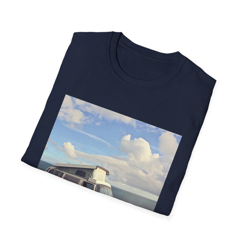 Charcoal cotton T-shirt with retro camper van and seaside graphic design