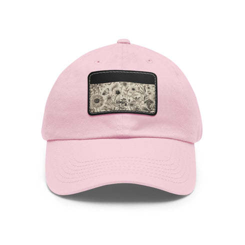 Botanical patterned white cap with light brown patch - rectangle shape.