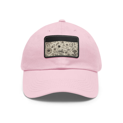 Botanical patterned white baseball cap with light brown patch.