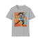 Charcoal cotton T-shirt featuring vibrant portrait of rising tennis star.