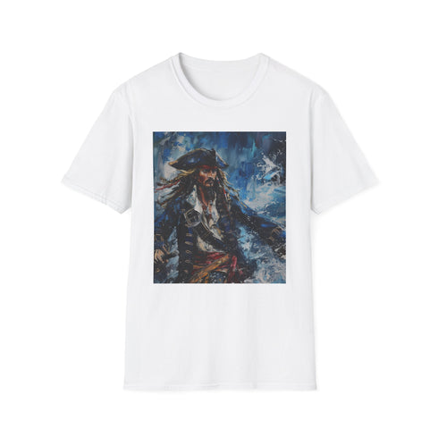Pirates Compass Jack Sparrow Portrait Charcoal T-Shirt Soft Brushstrokes Vibrant Palette