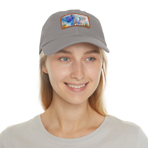 Eiffel Tower Dreams white baseball cap with light brown patch.