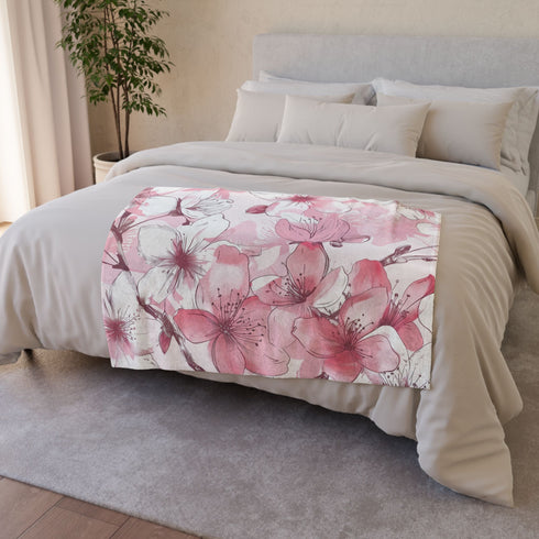 Pink & White Cherry Blossom Seamless Plush Fleece Throw Blanket - View 6 | Prints With Passion