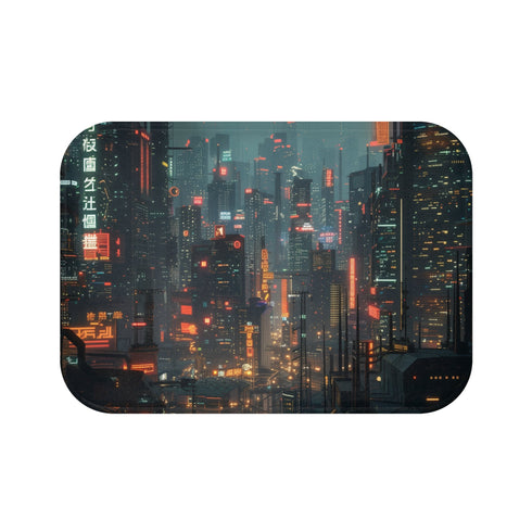 Futuristic cyberpunk city bath mat, neon lights, high-tech adventure, skyscrapers.