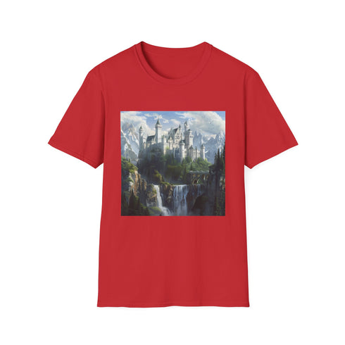 Mystical fantasy castle t-shirt in charcoal, size S for men and women.