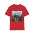 Mystical fantasy castle t-shirt in charcoal, size S for men and women.