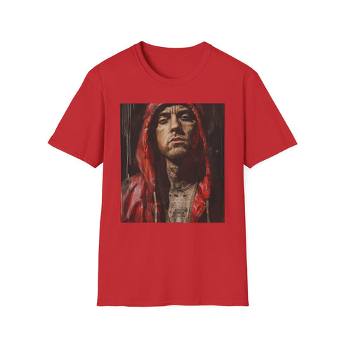 Charcoal crew neck T-shirt with vibrant Eminem portrait capturing dynamic energy