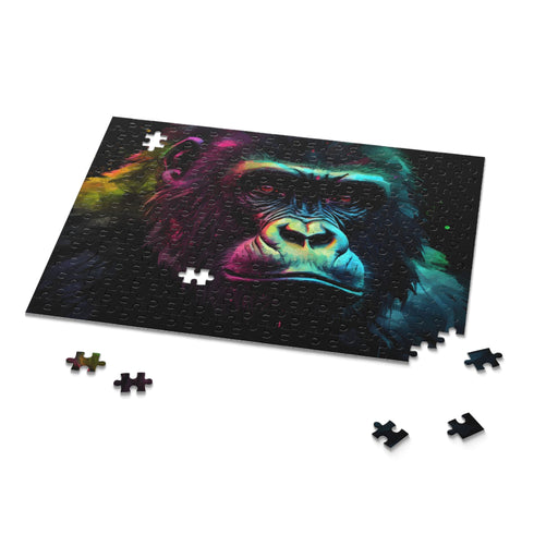 Vibrant neon watercolor gorilla jigsaw puzzle with 120 pieces.