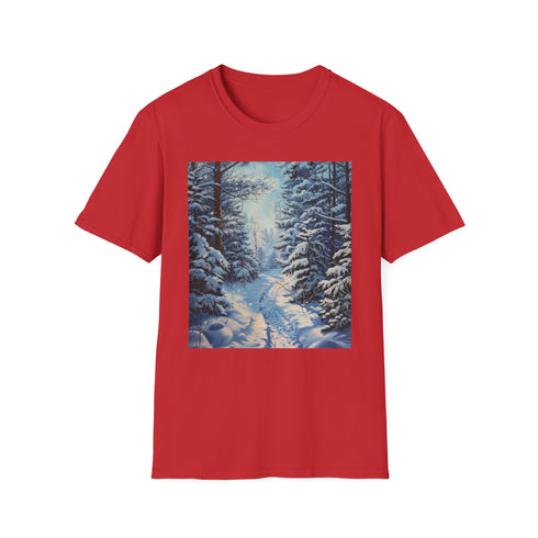 Charcoal cotton t-shirt with winter wonderland painting and crew neck design