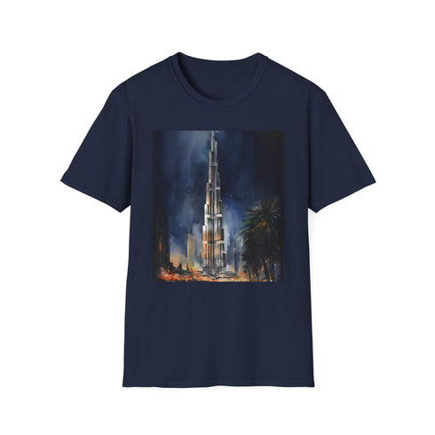 Charcoal cotton T-shirt with watercolor Dubai skyline evokes vibrant summer energy