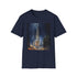 Charcoal cotton T-shirt with watercolor Dubai skyline evokes vibrant summer energy