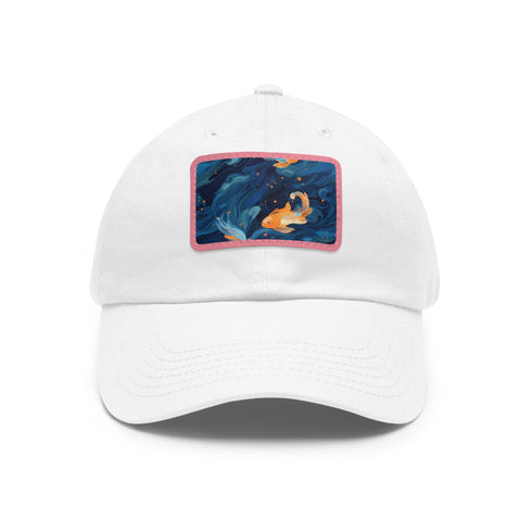 Orange Koi Goldfish Baseball Cap: White/Light Brown Rectangle Hat.