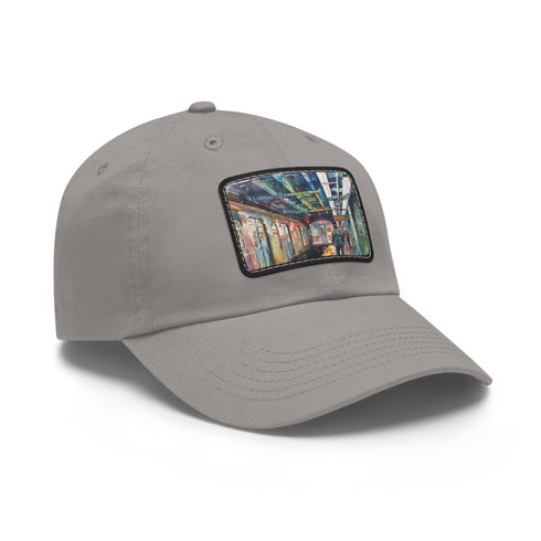 New York Subway watercolor snapback cap with light brown patch.