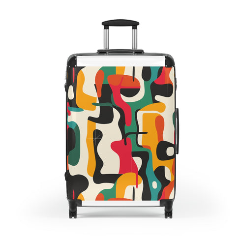 Abstract Adventure Suitcase Set in Small Black, Bold Bright Colors Statement Piece