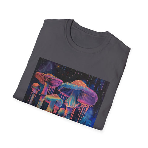 Psychedelic mushroom journey T-shirt in charcoal with vibrant colorful design