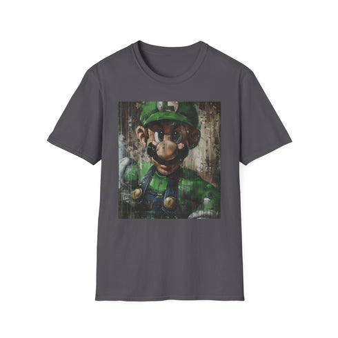 Charcoal Luigi painting T-shirt with vibrant colors and soft cotton fabric